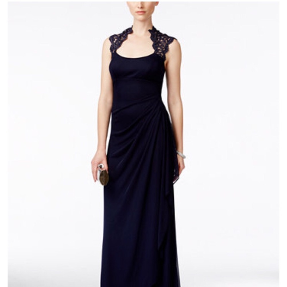 Xscape Stand Collar Illusion Back Gown